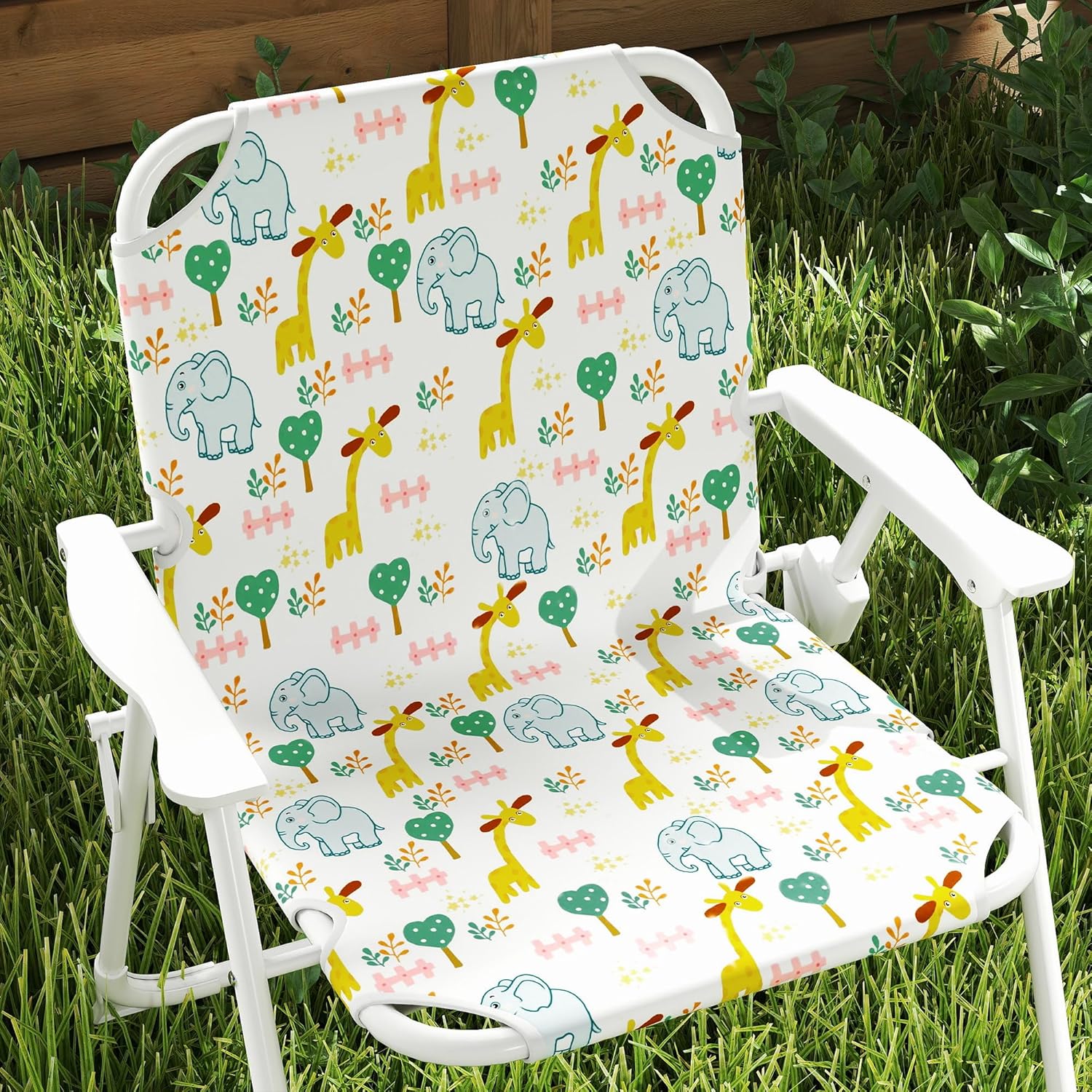 Qaba Kids Picnic Table and Chair Set, Outdoor Activity Table with Foldable Chairs, Removable Umbrella, Elephant and Giraffe Pattern Toddler Patio Furniture for Backyard, Garden, White
