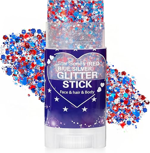 Patriotic Red White and Blue Hair Glitter Stick, 4th of July Accessories, AmericaFlag Face Body Glitter for Fourth of July Outfits Women, Waterproof Glitter Makeup for Independence Day Anniversary