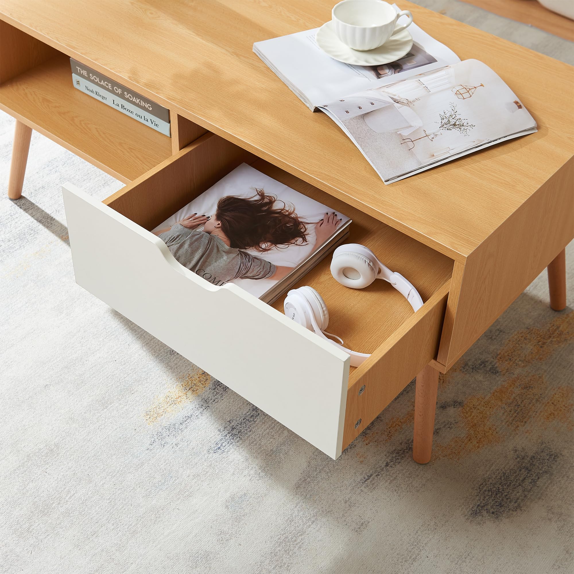 [en.casa] Couchtisch Bordkak Wohnzimmertisch mit Schublade Tischplatte rechteckig Beistelltisch 100 x 48 x 45 cm Sofatisch Holzbeine Eicheoptik/Weiß