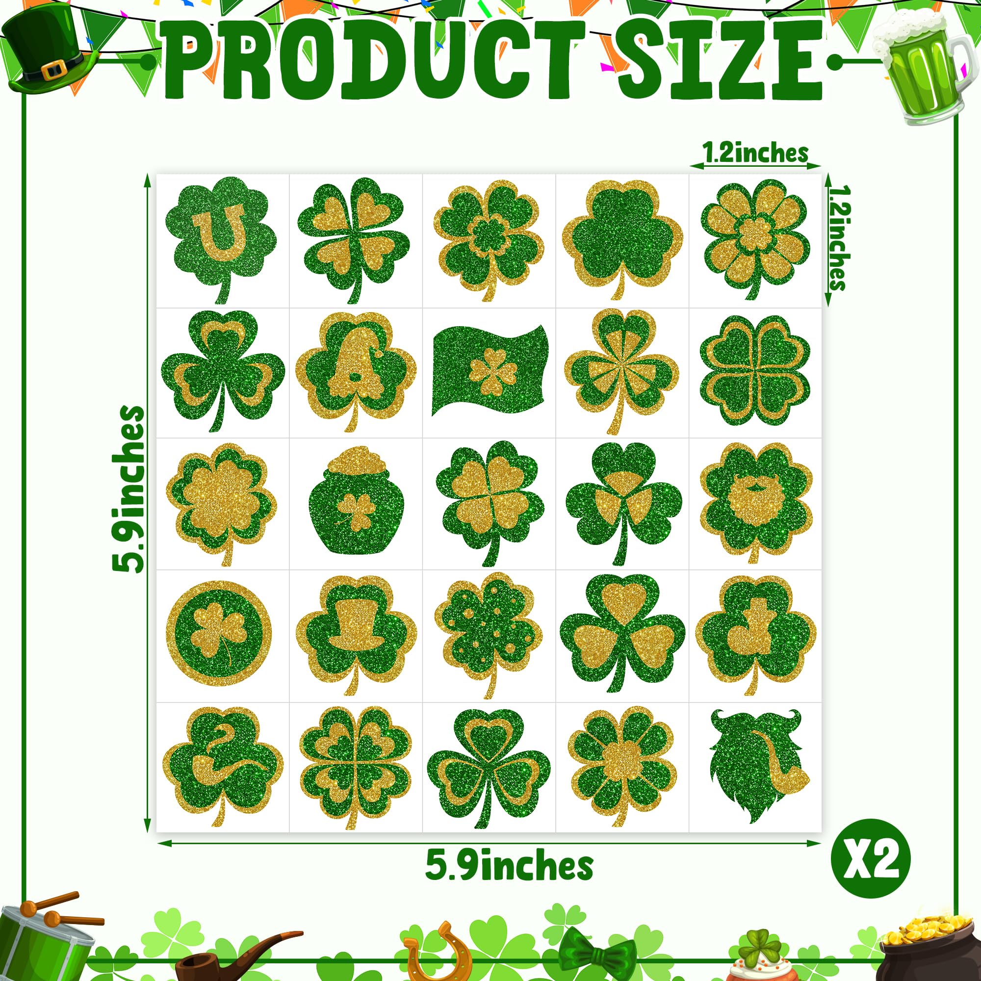 Glitter St Patricks Day Tattoos, 25 Styles Saint Patricks Day Green Gold Shamrock Tattoos with Lucky Clover, Temporary Face Stickers for St Patricks Day Accessories Party Favors