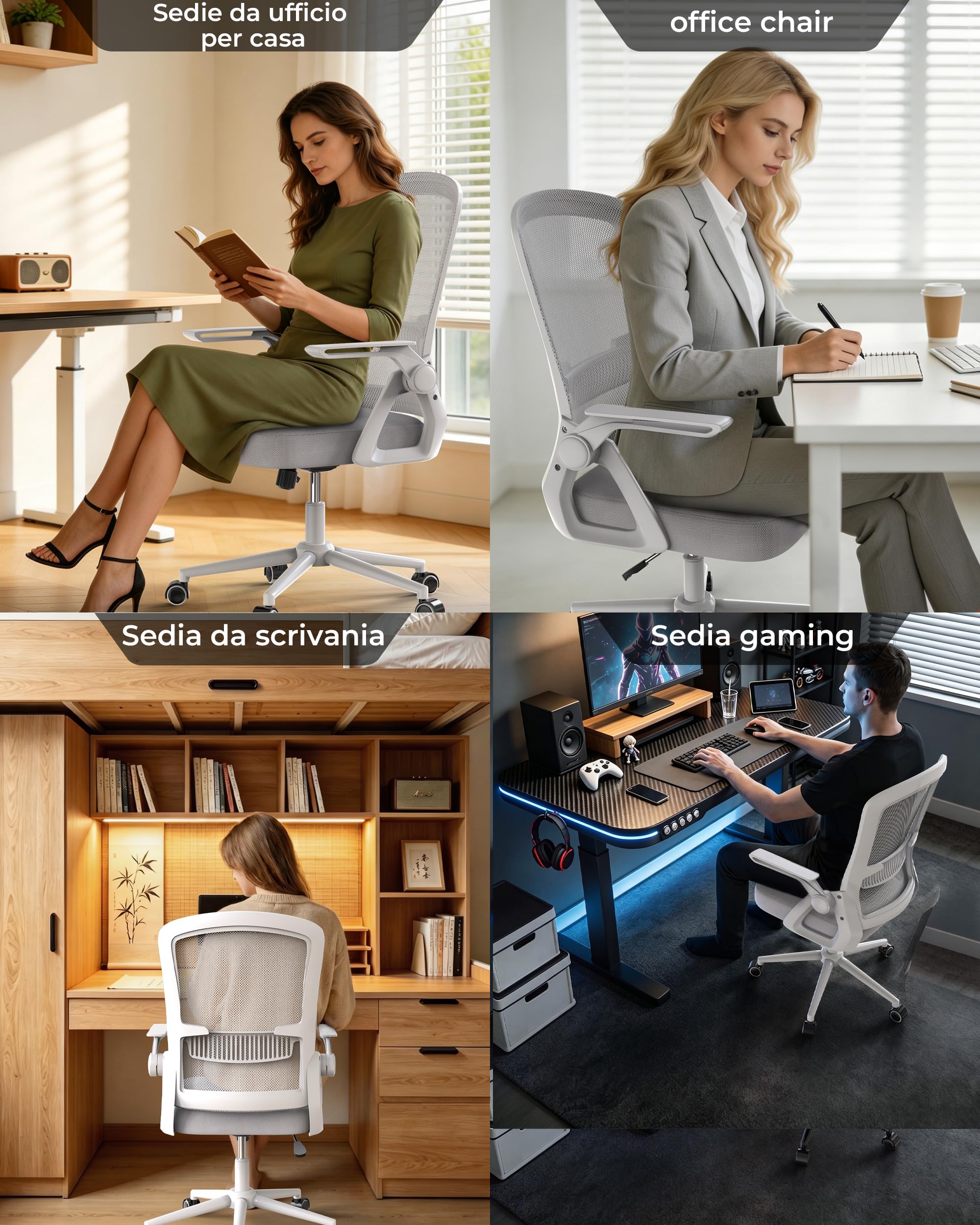 rattantree Sedia da Ufficio Scrivania Ergonomica, Con Braccioli Pieghevoli,Seduta e Schienale in Rete Respirante, Altezza Regolabile, Girevole con Ruote, Funzione Oscillante - Grigio