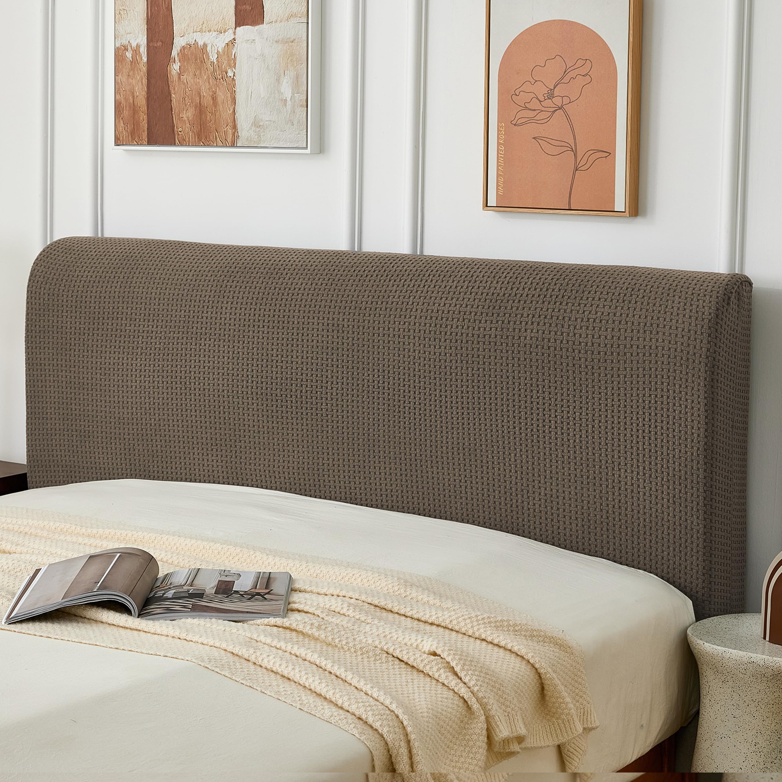 Photo 1 of KaviKon Bed Headboard Cover Queen, Stretch Bed Head Board Slipcover, Jacquard Protector Slip Cover for Upholstered Headboard (Grid Weave Coffee, Queen Headboard Length (59"-67"))