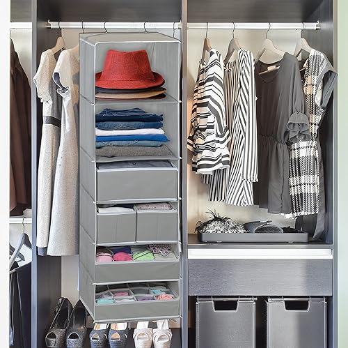 Miniatura 8 de Simple Houseware Organizador de armario colgante de 6 estantes con 5 cajones de almacenamiento, gris