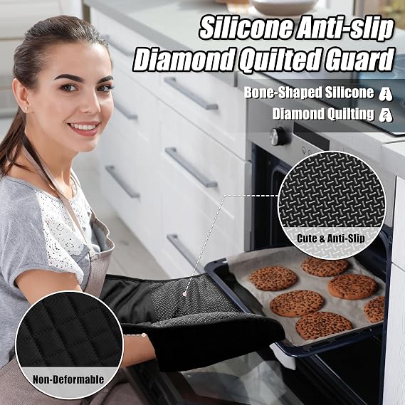 Oven Gloves Heat Resistant, Anti-Slip Silicone Oven Glove for Cooking | Black Double Oven Gloves, Heat Proof Gloves, Silicone Oven Mitts Featuring Breathable Cotton Lining for Dessert Making, BBQ