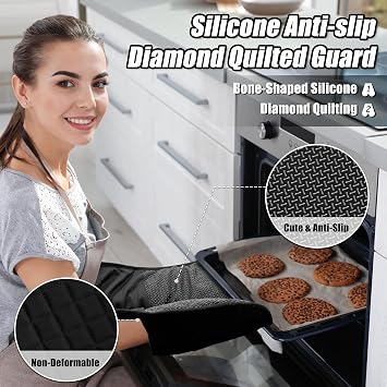 Oven Gloves Heat Resistant, Anti-Slip Silicone Oven Glove for Cooking | Black Double Oven Gloves, Heat Proof Gloves, Silicone Oven Mitts Featuring Breathable Cotton Lining for Dessert Making, BBQ