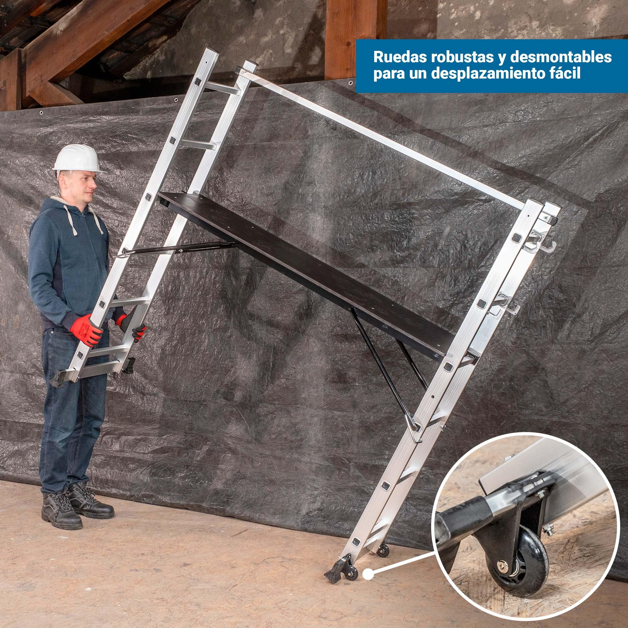 HOSTRÖM Andamio rodante SCAFFOLDAX2X6, andamio de jardín Plegable multifunción 4 en 1, Escalera de 2 tramos, Altura máxima de Trabajo de 4,46 m, garantía de 5 años.