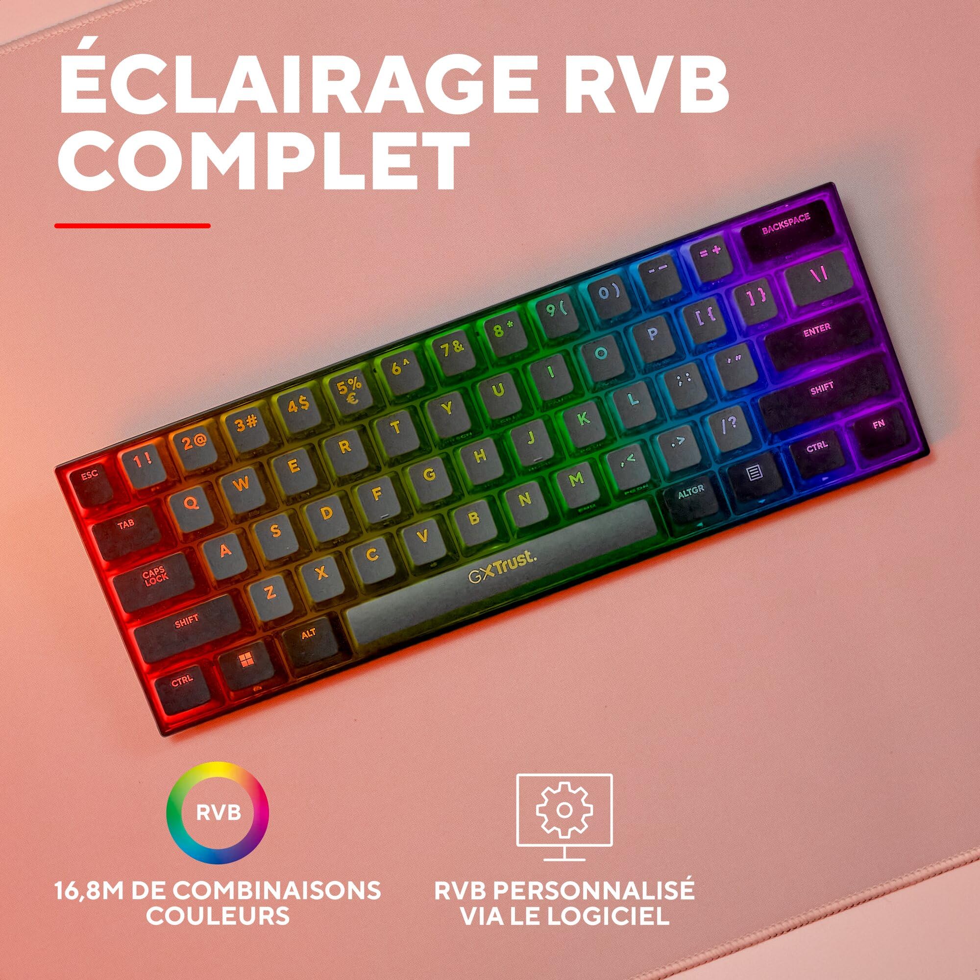 GXTrust Revyn 60% Clavier Mécanique sans Fil AZERTY Français, Noir/Gris | Triple Mode 2.4GHz/BT/Filaire, Éclairage RGB, Batterie 50 Heures, Compact Mini Clavier Gamer 60 Pourcent Programmable PC
