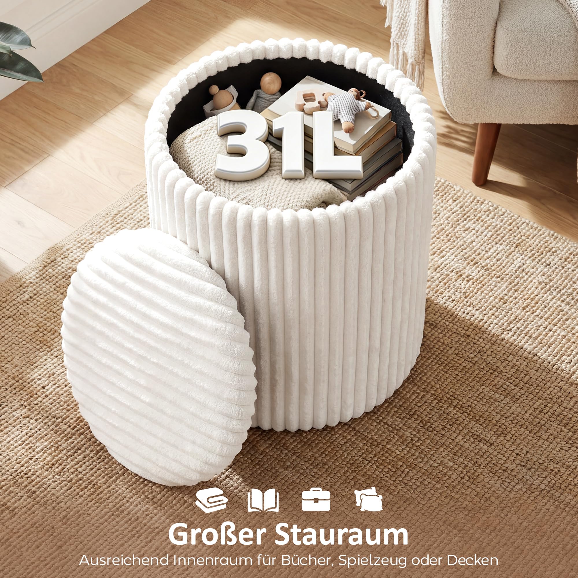 HOMCOM Sitzhocker mit Stauraum, Runder Hocker Modern, 35x35x45 cm Weiß