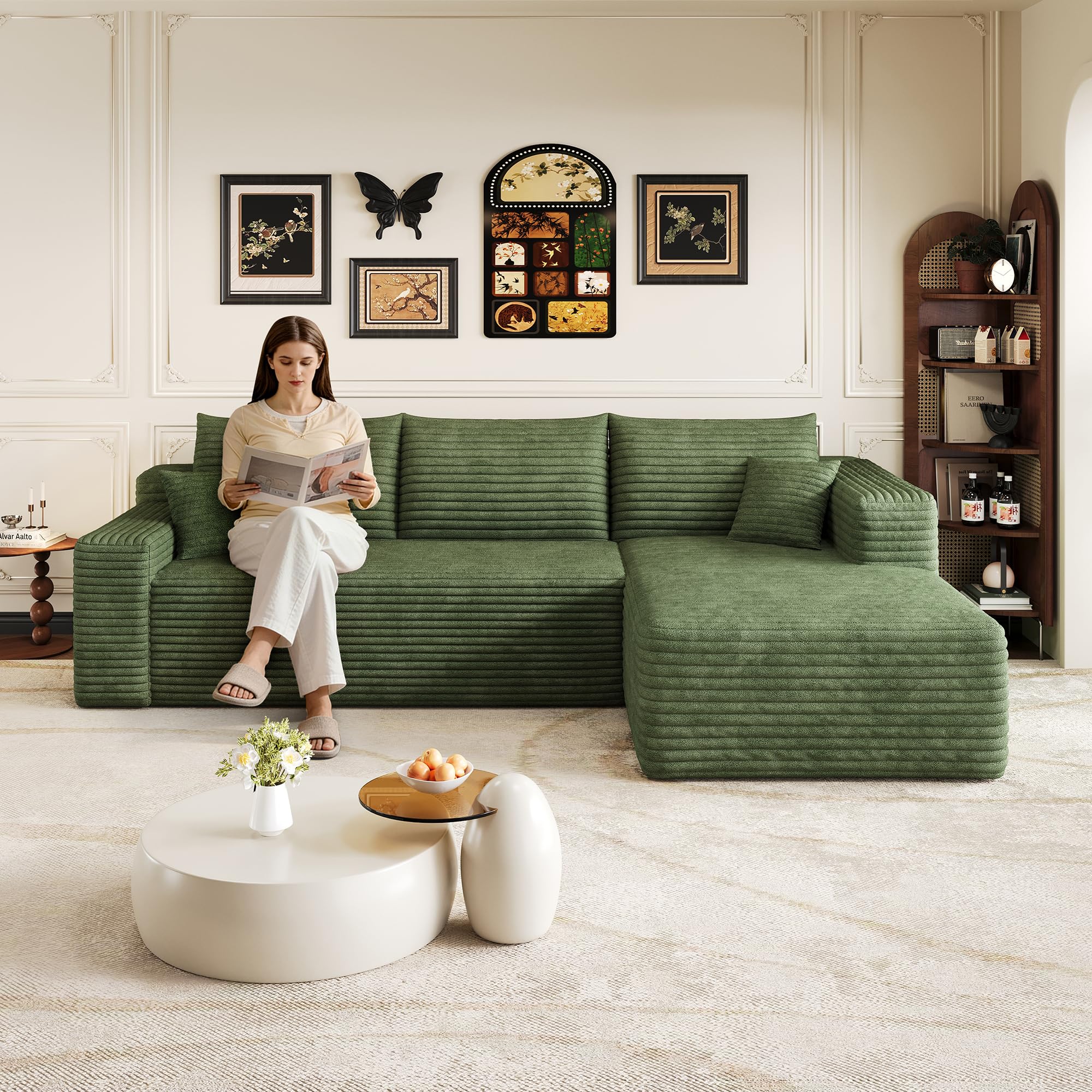 Canapé d'angle Modulaire en L De 241 Cm, Canapé Lit 3 Places, Canapé Bas en Velours CôTelé avec Pouf, Autoportant, sans Montage, pour Salon Et Chambre (Vert, Rechte Chaiselongue)