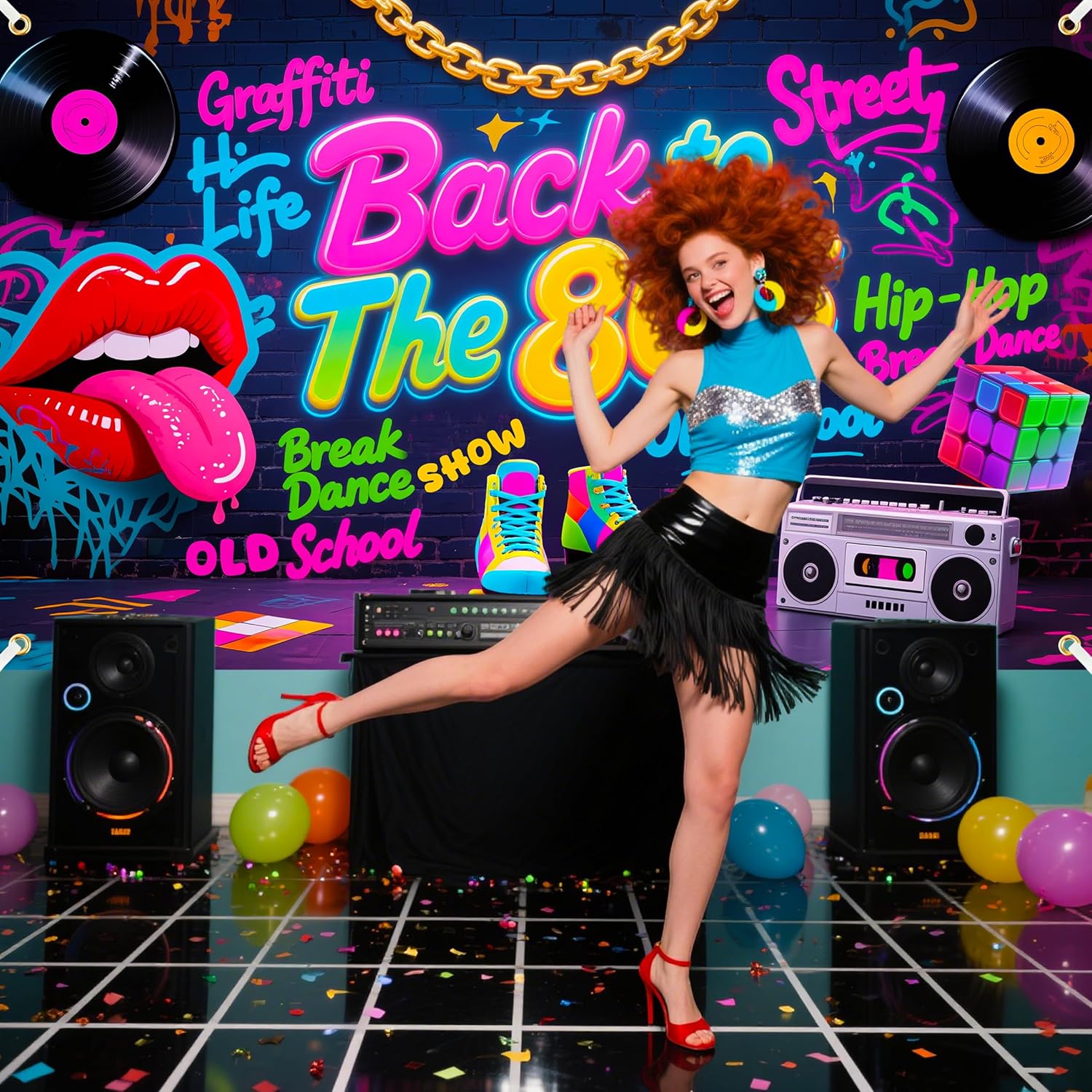 Back to The 80's Backdrop 6x3.6 ft 80s Party Decorations 80s Backdrop Hip Hop Graffiti Wall Birthday Party Supplies 1980 Photo Booth Props Banner with 19.68 ft Rope - Image 6