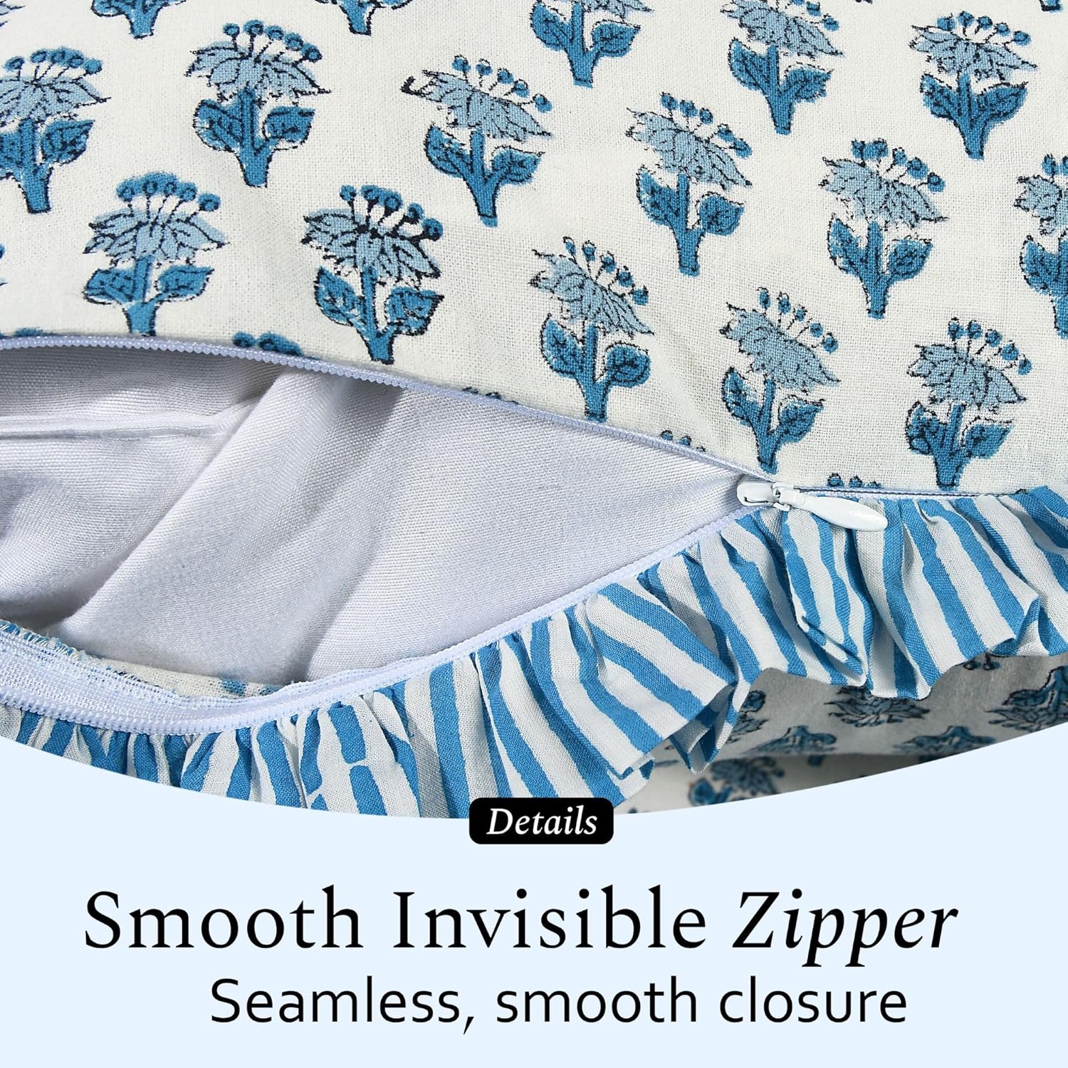 CPC Apatite Blue 100% Cotton Block Print Ruffle Sham Cover 20X30 inch Pack of 2, Handmade Boho Floral Pillowcase, Soft Decorative Lumar Cushion Cover for Bedroom Décor - Image 3
