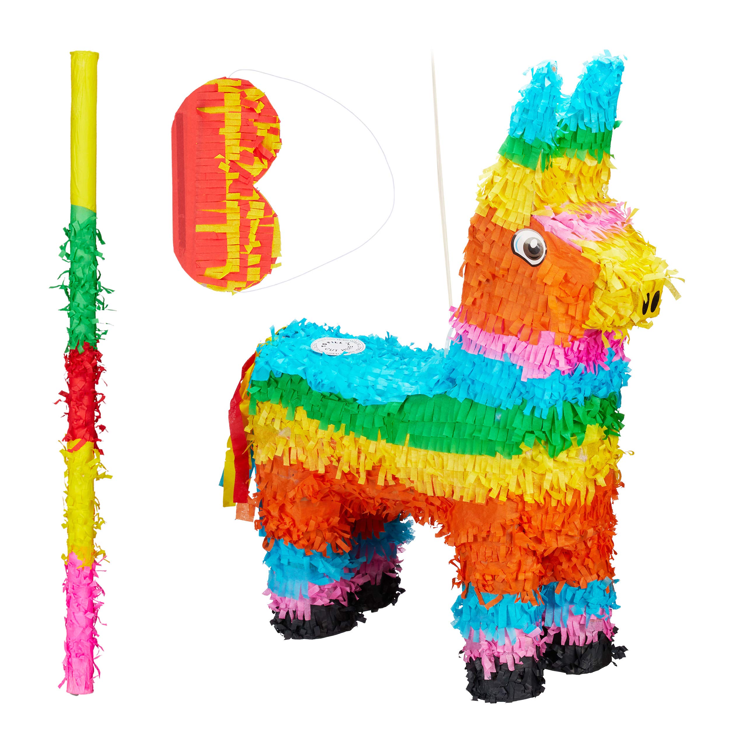 Relaxdays Set de Piñata Llama, Palo y Antifaz sin Relleno, Papel, Multicolor, 56 x 41 x 13 cm
