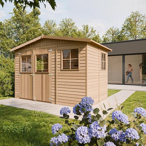 Abri de Jardin en Bois Naturel - Stockage extérieur avec fenêtres- H226x324x216 cm/6 m² Hangar en Bois Naturel - Atelier Rangement Outils et vélos- Timbela M334 - 2