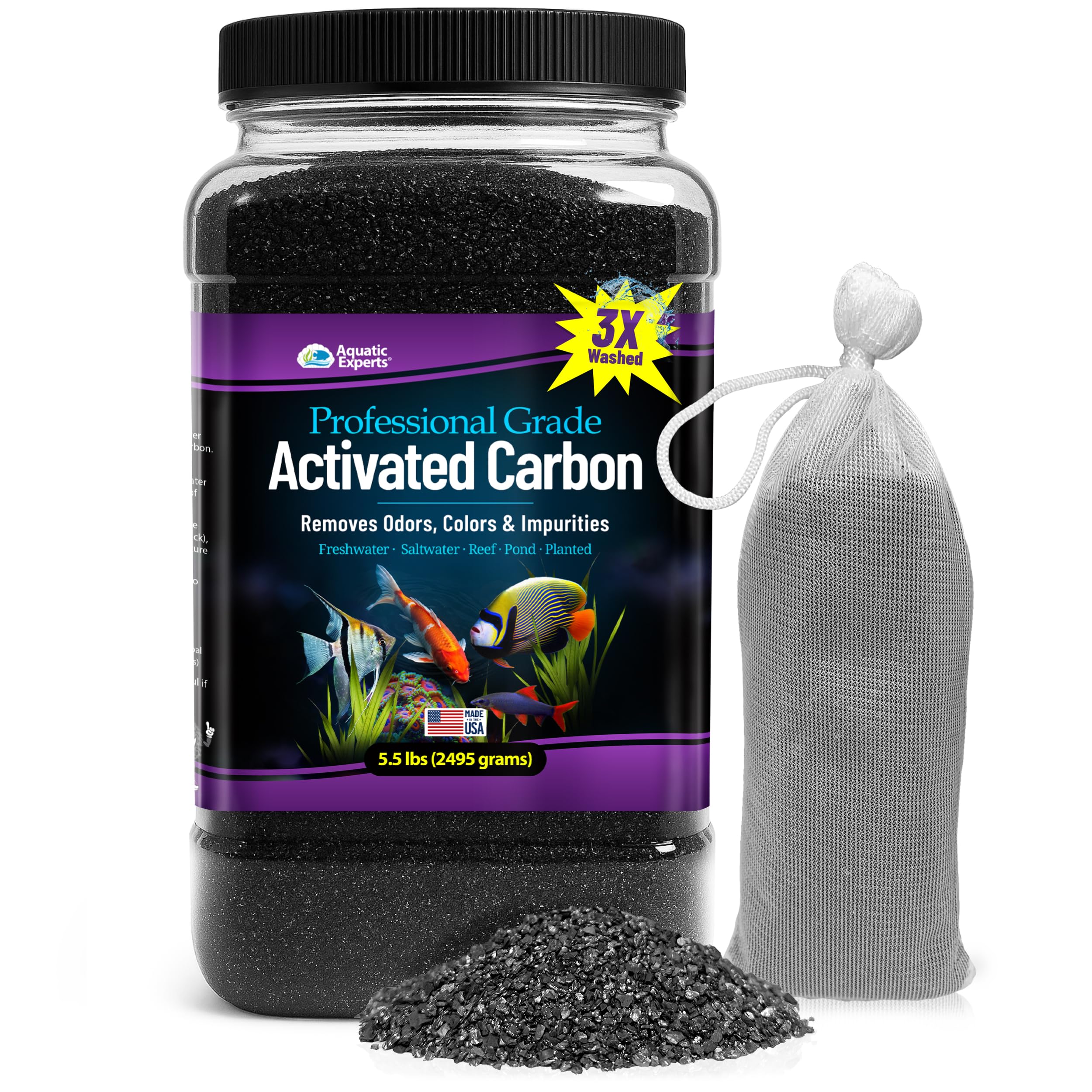 Premium Activated Carbon, Aquarium Carbon for Fish Tank Filter, Aquarium Filter Media, Granulated Charcoal for Fish Tanks, Activated Charcoal Bulk (5.5 lbs with Fine Mesh Bag)