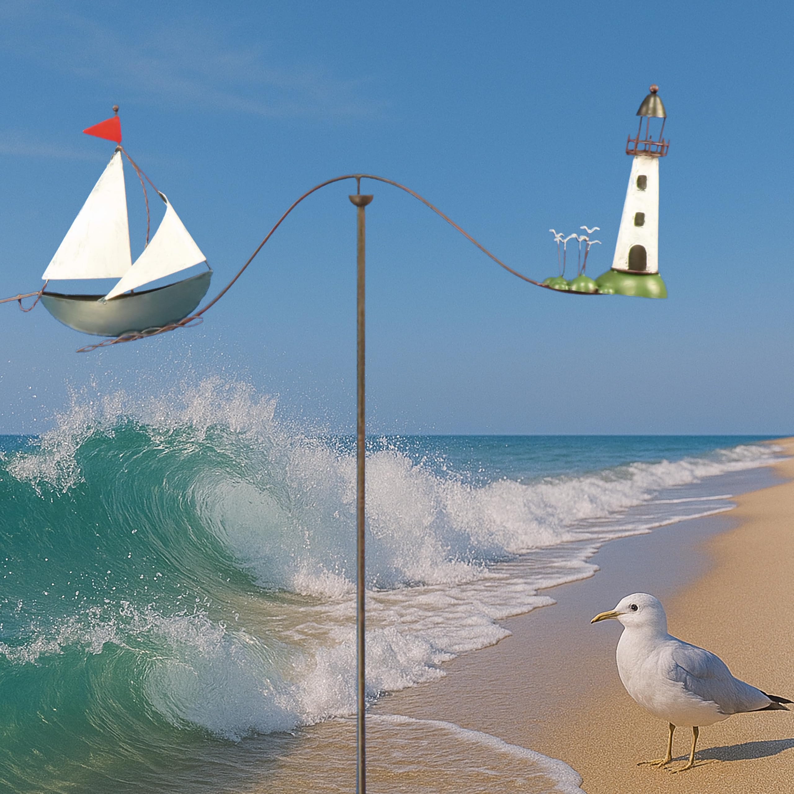 Pommerntraum ®| Windspiel Gartendeko Leuchtturm Möwen Segelboot Maritim | Gartenpendel Gartenstecker Nautik Segelschiff Segelyacht Vogel Vögel Küstenfans Segler Skipper SEGELBOOT + LEUCHTTURM + MÖWEN