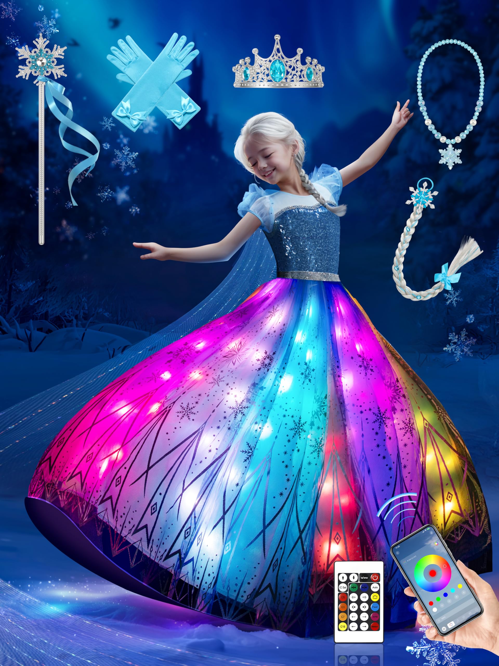 Disfraz de niña, sincronización con Bluetooth, aplicación musical, funcionalidad, vestido de princesa, con peluca, corona, collar, cetro, RGB LED luminoso, vestido de princesa de fiesta para Halloween