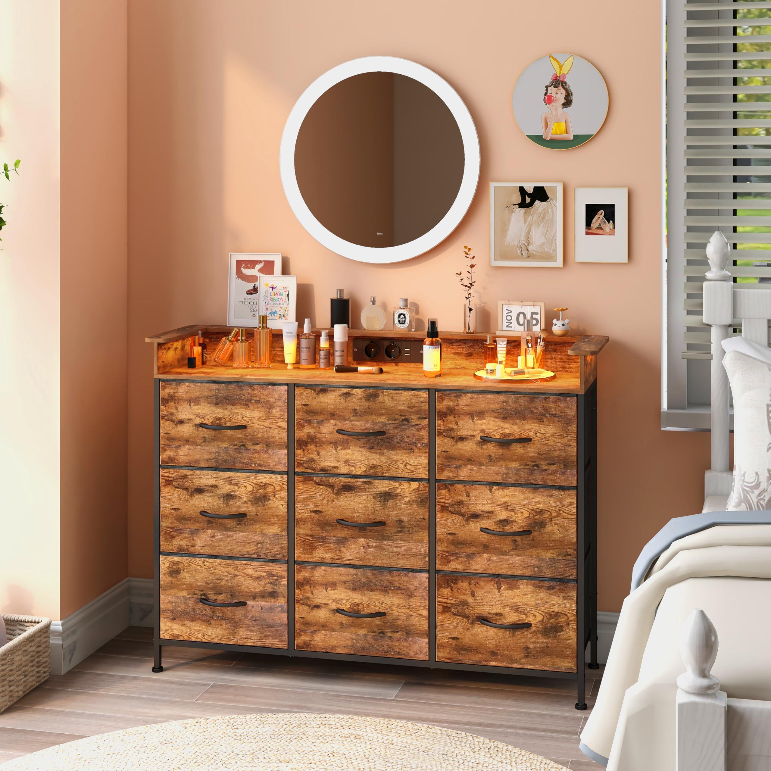 VEDECASA Kommode mit 9 Stoffschubladen und LED-Beleuchtung,2 USB-Ports & 2 AC-Steckdosen,Sideboard mit Holzplatte, Metallrahmen, 9 Schubladen kommode für Schlafzimmer, Wohnzimmer, Braun