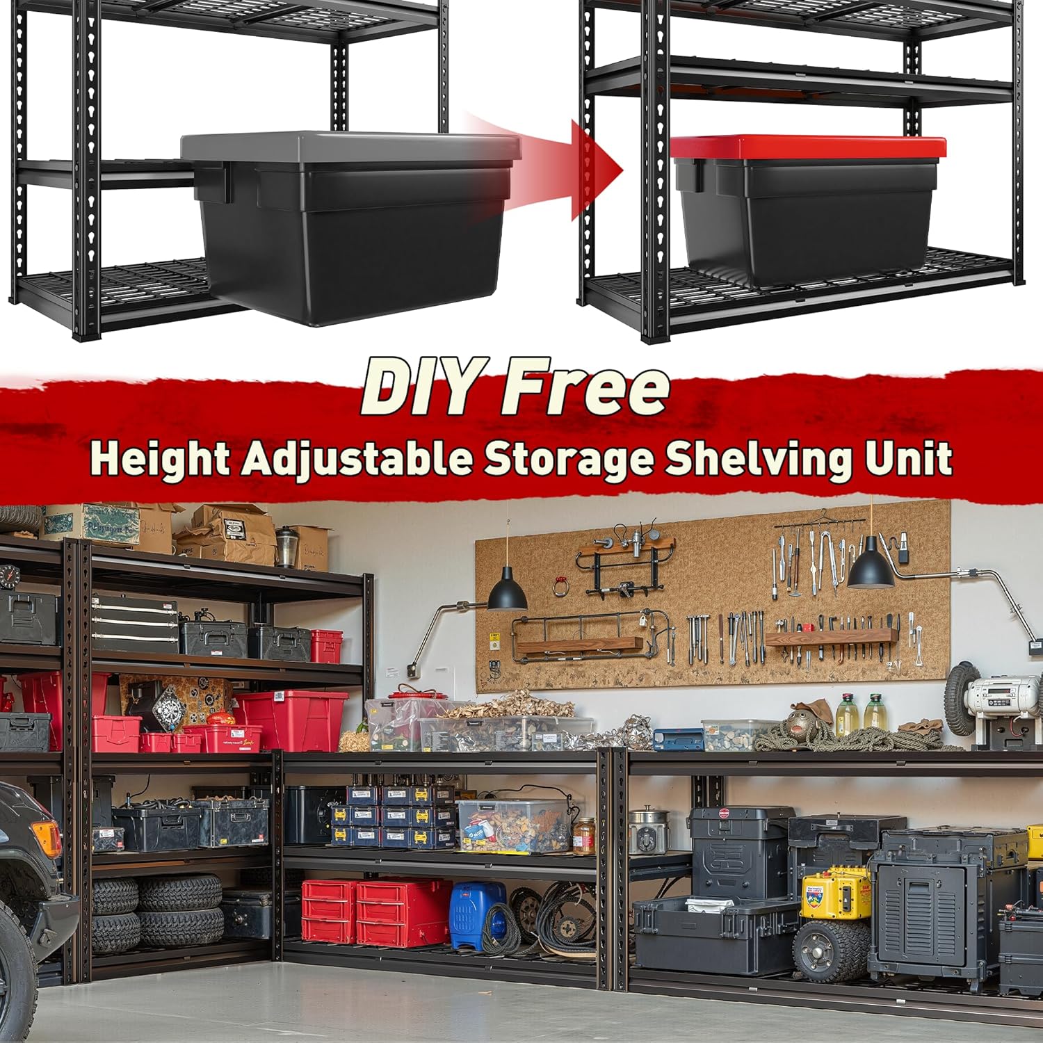 REIBII 2800LBS Garage Shelving 48.2" W Storage Shelves Heavy Duty 5-Tier Adjustable Metal Shelving Easy Assembly Storage Shelf for Garage Basement Warehouse Pantry, 48.2" W X 17.8" D X 72.2" H