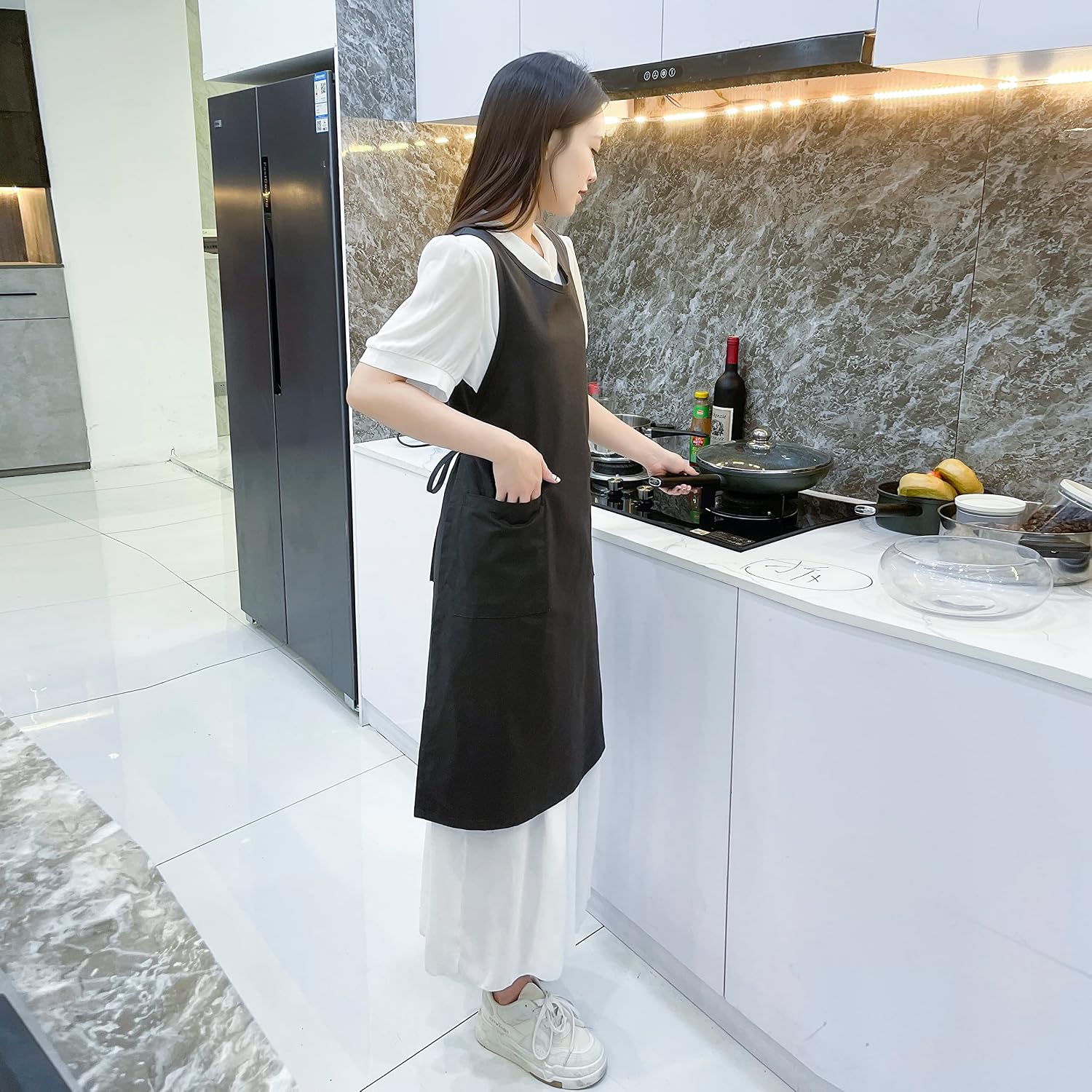 Pinafore Apron Dress,Japanese Cotton Linen Cross Back Apron for Women with Pockets，Pinafore Dress with Waist Ties