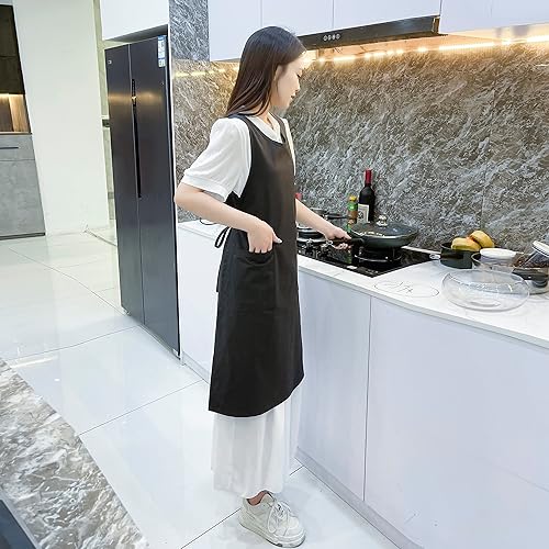 Miniatura 4 de Pinafore - Delantal japonés, de algodón y lino, con espalda cruzada para mujer, con bolsillos, vestido con lazos en la cintura