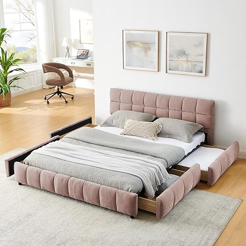 Miniatura 23 de Base de cama tapizada tamaño California King con tela de felpilla gruesa, cama de plataforma con cabecero copetudo, marco de madera maciza, diseño