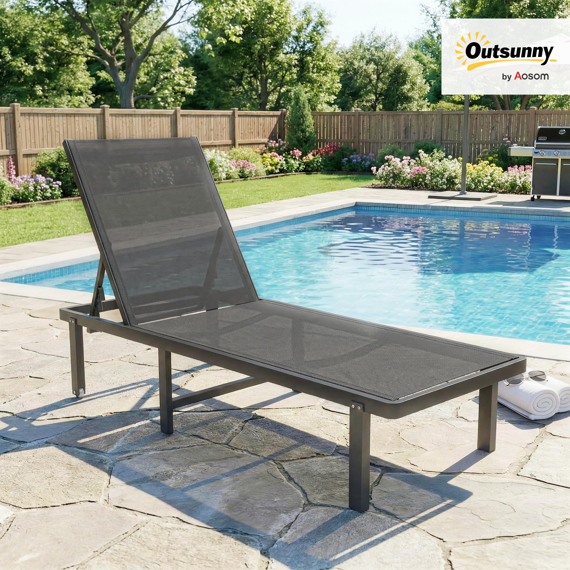 Outsunny Bain de Soleil roulettes Transat de Jardin Extérieur Gris Foncé