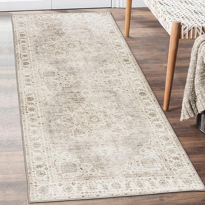 ReaLife Machine Washable Area Rug Runner - Living Room Bedroom Bathroom Kitchen Entryway Office - Padded Low Pile Stain Resistant Premium - Boho Farmhouse Vintage - Joy - Beige Ivory 2'6" x 8'