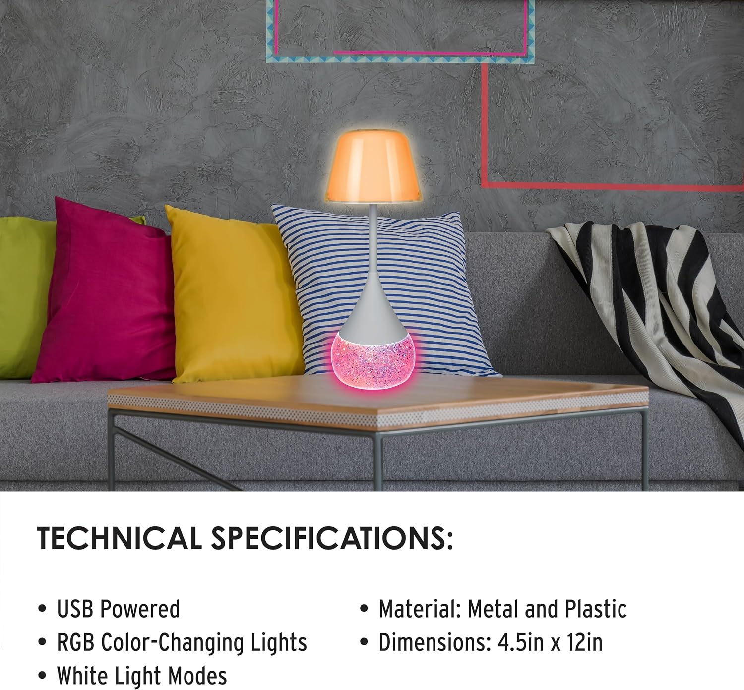 LED Table Lamp for Bedroom, RGB Color Changing Desk Lamp with Glitter Base, Adjustable Brightness 3000K-6500K 2W 200LM, USB Powered Nightstand Lamp with Type-C Cable, Silver Water Effect