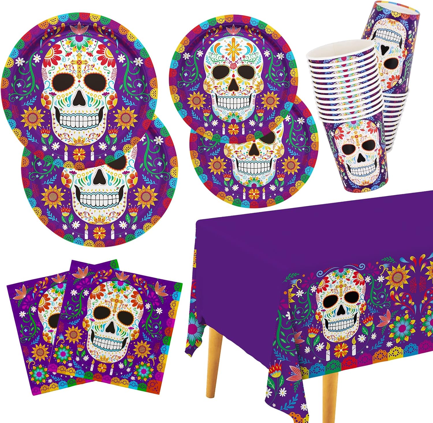 Day of the Dead Party Supplies Kit Serve 25, Includes Disposable Sugar Skull Dinner Plates, Dessert Plates, Napkins, Cups and Tablecloth, Día de los Muertos Party Decorations