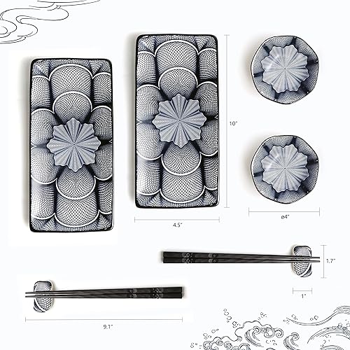 Miniatura 3 de Juego de platos de cerámica de estilo japonés de 8 piezas para sushi rectangulares de 10 pulgadas, 2 platos de sushi, 2 platos de salsa, 2 pares de