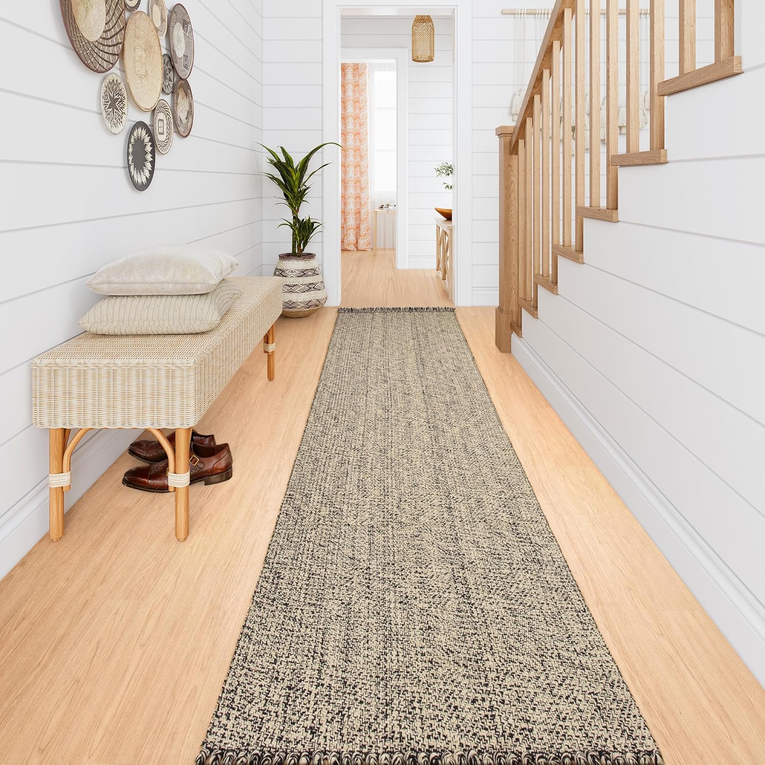 Collive Long Runner Rugs for Hallway 2.6x10, Washable Bathroom Rug Runners Indoor Entryway Rug, Natural/Black Braided Woven Kitchen Runner Carpet for Bedroom Laundry Doorway Indoor Dacor