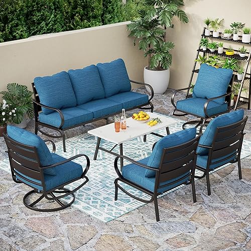 PHI VILLA 6 Piece Patio Furniture Sets with 1 x 3-Seat Wide Deep Seating Bench, 2 x Swivel Cushioned Sofa Chairs, 2 x Leg Sofa & 1 x Coffee Table, Outdoor Furniture Set for 7 Person, Peacock Blue