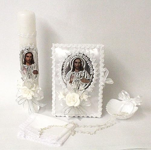 Miniatura 3 de Elegante hecho a mano 5 piezas Jesús Foil Picture Lace Bautismo Bautizo Conchas Juego de velas Favores Chica Niño Blanco Conjunto de Bautizo Español