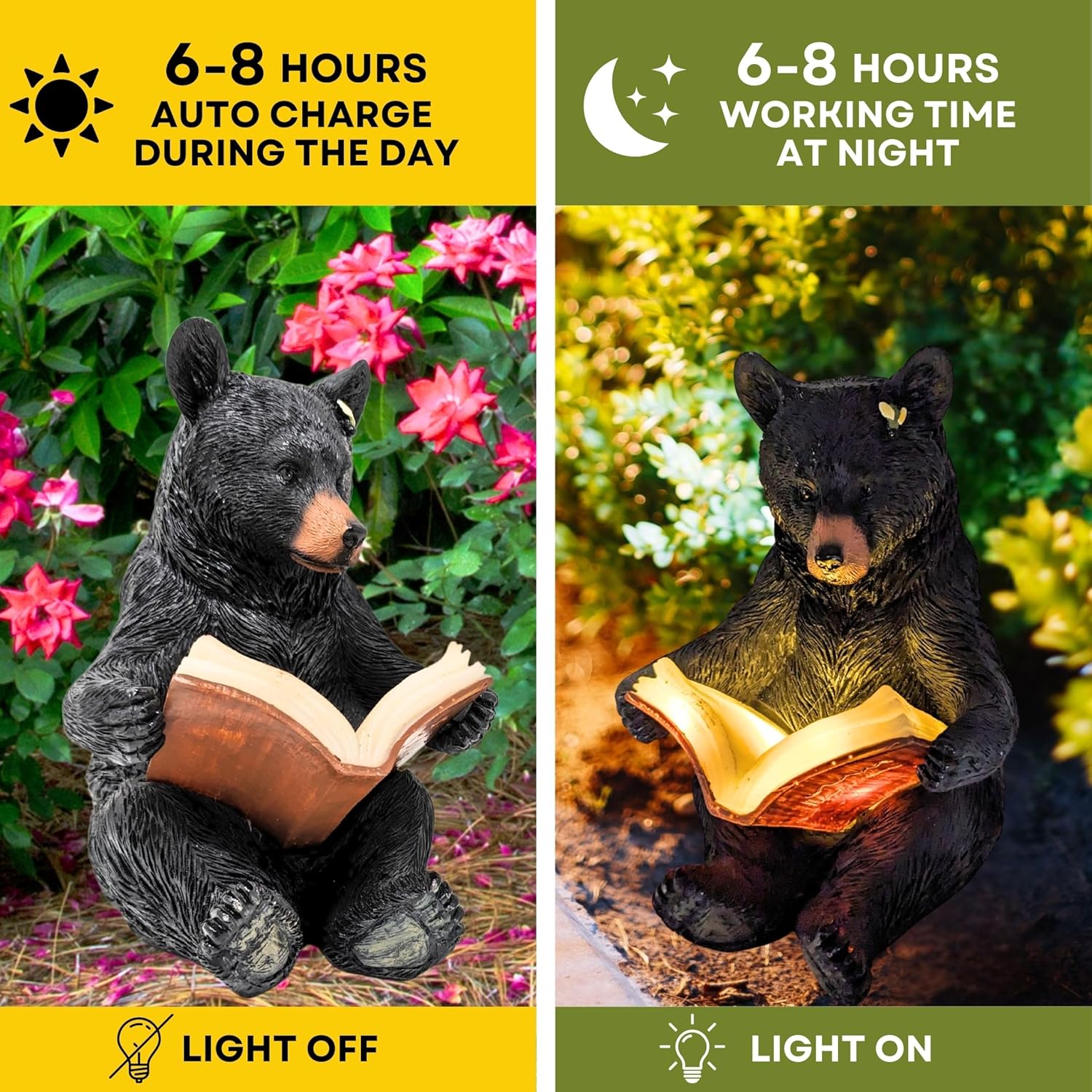 Black Bear Reading Solar Night Light – Rustic Wildlife Décor for Garden, Patio, Cabin, or Yard, Charming Bear with Glowing Book, Solar-Powered Decor Accent, Great Gift for Nature & Animal Lovers