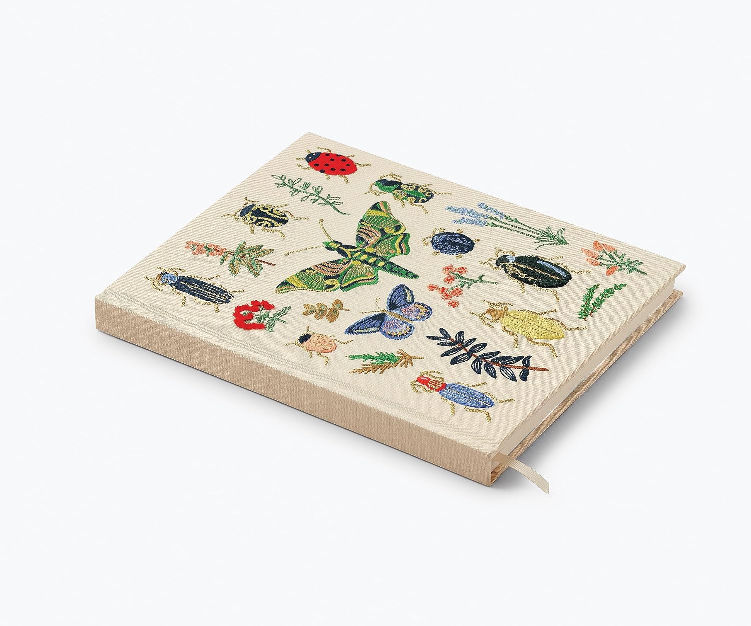 RIFLE PAPER CO. Curio Embroidered Fabric Sketchbook, 108 Blank Pages, Grosgrain Ribbon Bookmark and Lay-Flat Binding, Book Cloth Cover with 160 GSM Sketch Paper, 10.25" L x 8.25" W