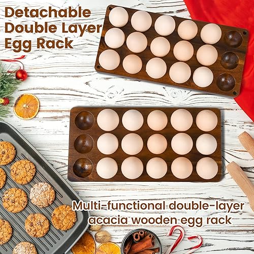 Miniatura 3 de Bandeja de huevos de doble capa para encimera, cesta de almacenamiento apilable de madera para huevos, organizador de huevos de 2 niveles para
