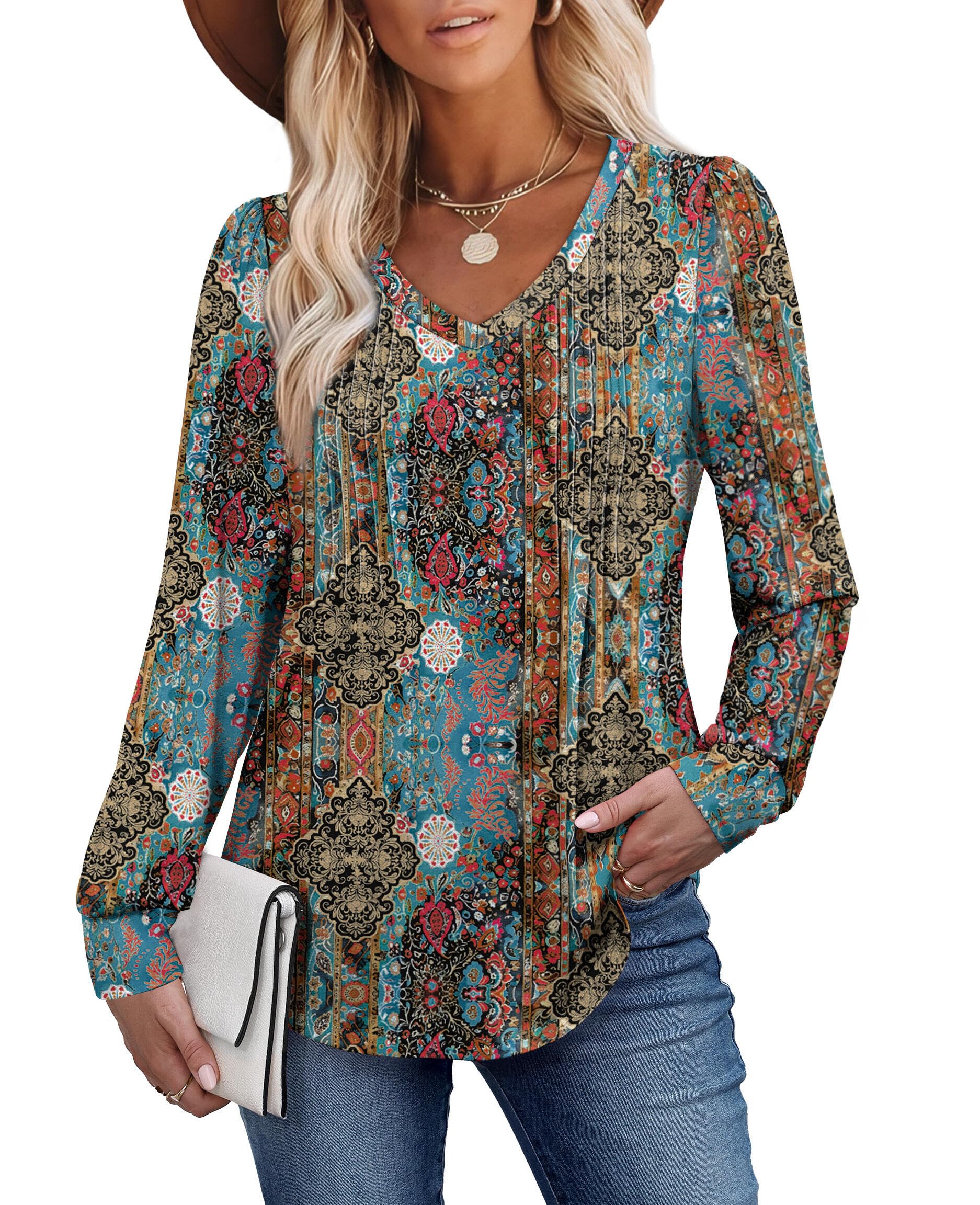 Alaroo Womens Long Sleeve Shirts Pleated V Neck Curved Hem Fall Winter Tunic Tops Blouses Print