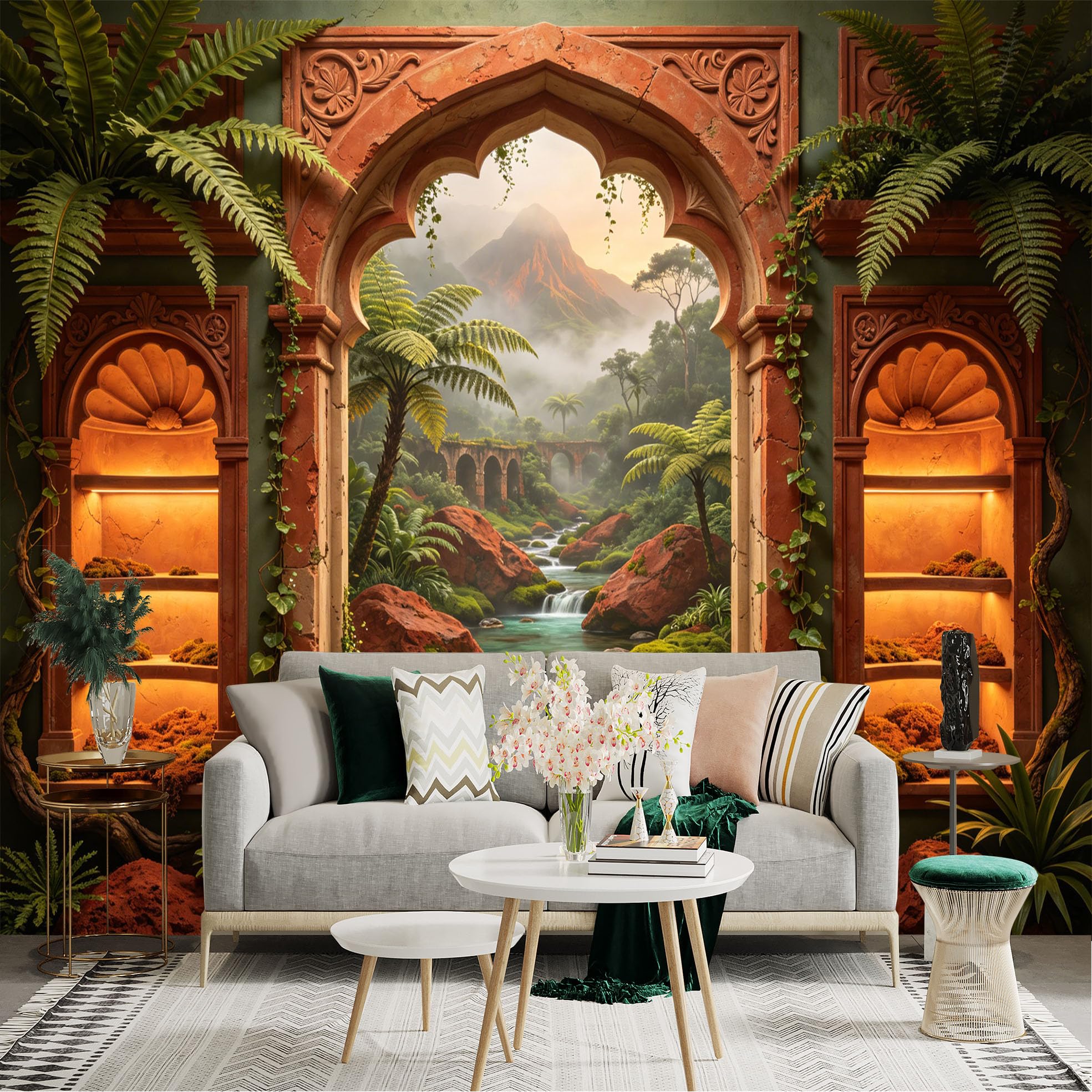 Lnzczhyre Dbh260521192 Custom Size Wall Sticker Mural， Ancient Stone Archway Window， Tropical Rainforest Stream， Lush Ferns And Mossy Rocks， Misty Mountain View， For Wall Decoration， Peelandstick Wall Decals.