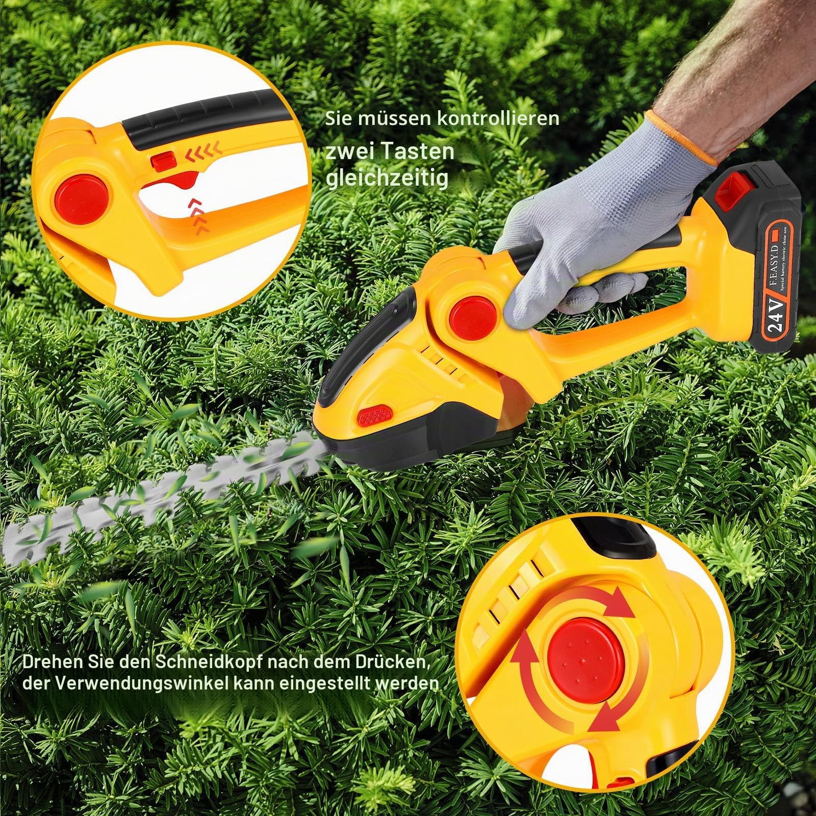 Kleine Heckenschere mit Akku, 2-in-1 Heckenschere Klein mit Akku und Ladegerät, Grasschere Strauchschere Akkus mit 2 Messern, 24V 1500 mAh Wiederaufladbaren Li-Ion Akku, Ideal für Garten Rasen