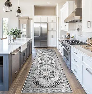Madane Hallway Runner Rug 2'6''x10' Kitchen Runner, Non Slip Vintage Runners for Hallways Washable Kitchen Rugs Soft Low Pile 2.5x10 ft Rug Runner for Laundry Room, Entryway and Bedroom, Black