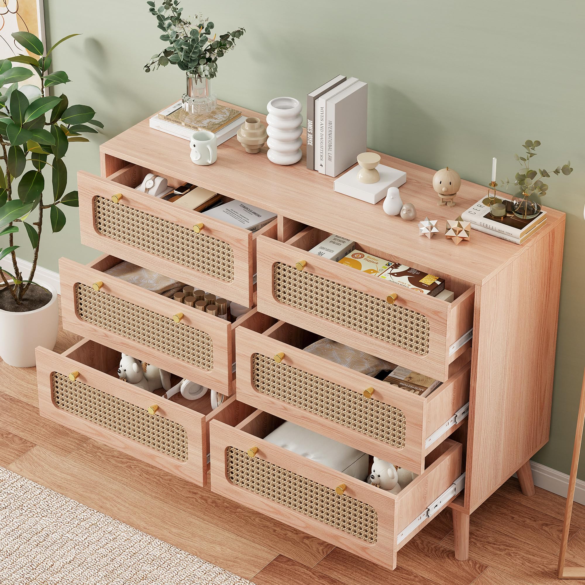 FOERPL Cómoda con 6 Cajones, 100 x 34 x 73 cm, Cómoda de Madera y Ratán, Mueble de Almacenamiento de Madera para Oficina, Salón o Dormitorio, Ratán PE
