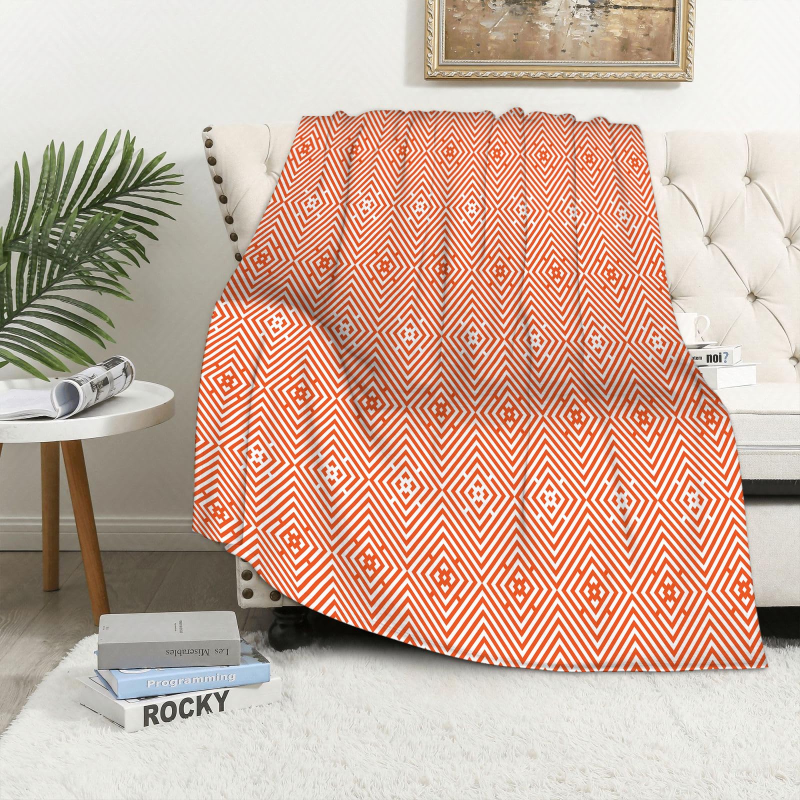 MAAPCHP Flannel Fleece Blanket Throws for Sofa Fluffy Blanket Bed Throw for Bedroom Burnt Orange,Rhombuses in Bullseye Pattern with Herringbone Zigzag Stripes,Burnt Blanket for Bed, Couch,Car 50x60in — image 1