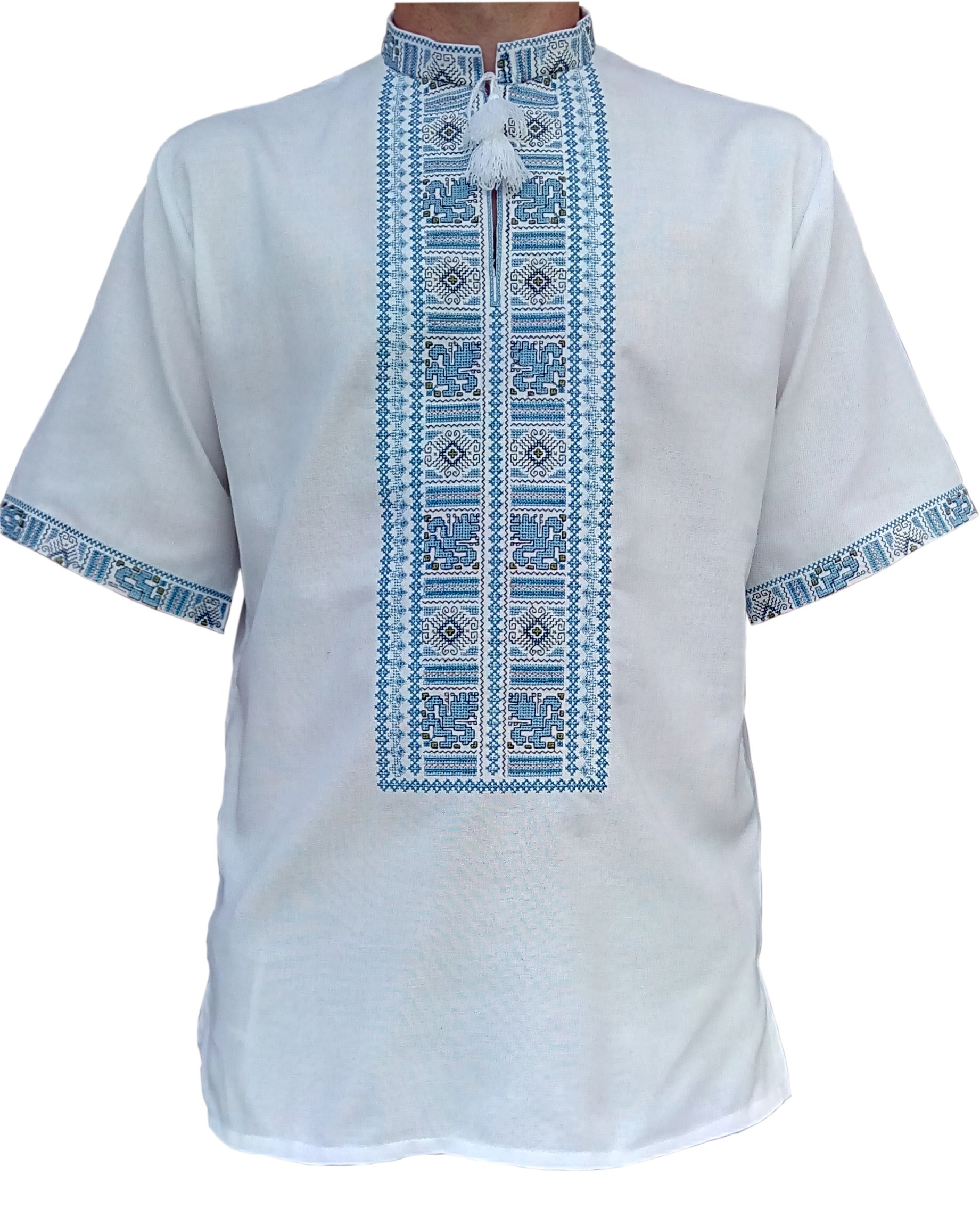 Etno Motif Vyshyvanka for Men Embroidered Shirt with Ethnic Ukrainian Ornaments Sorochka Vyshyvana White