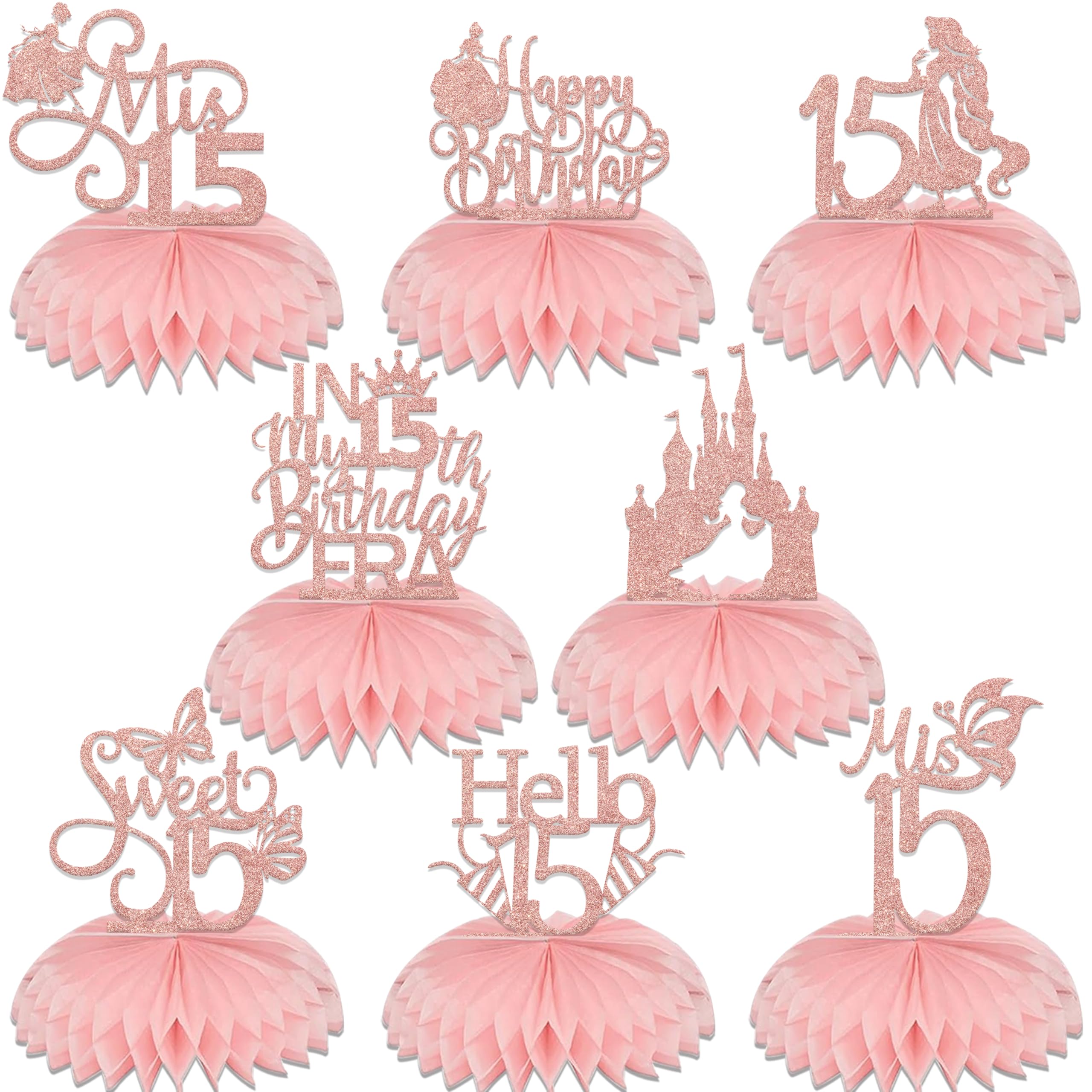 8 Pcs Double-sided Mis 15 Honeycomb Centerpieces - 15th Birthday Decorations for Girls - 15th Birthday Party Supplies Rose Gold
