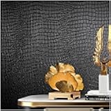 Black Peel and Stick Wallpaper, 15.7'' X 118'' Crocodile Wallpaper Embossed Easy off Self Adhesive Removable Contact Paper Textured for Cabinet Bedroom with Knife Tape Measure (Cismmy 0001)