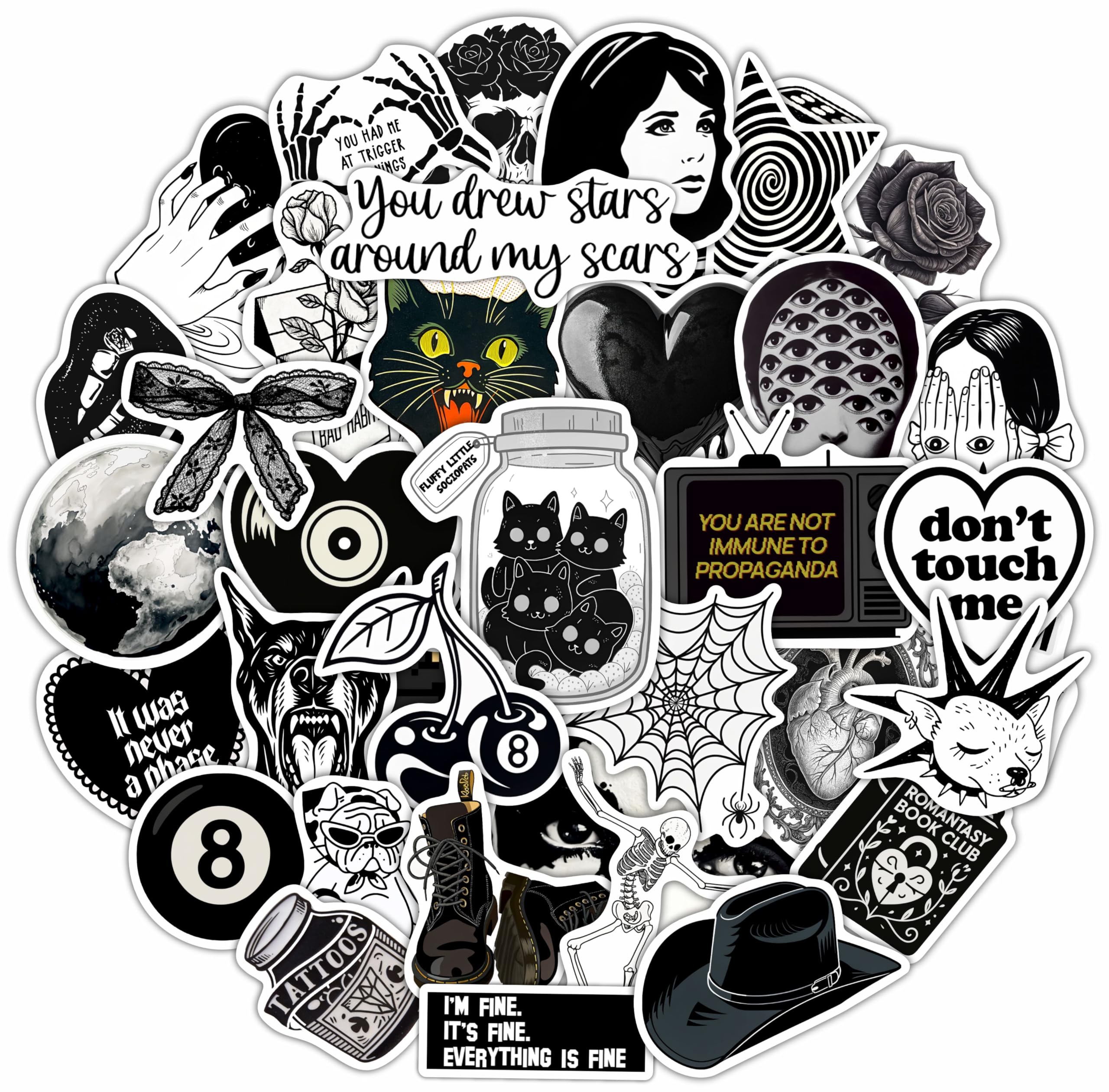 View 1 of 100Pcs Black Stickers Aesthetic Girly - Dark Aesthetic Stickers, Downtown, Grunge Decals for Laptop - Black Y2K Decals, Laptop Accessories