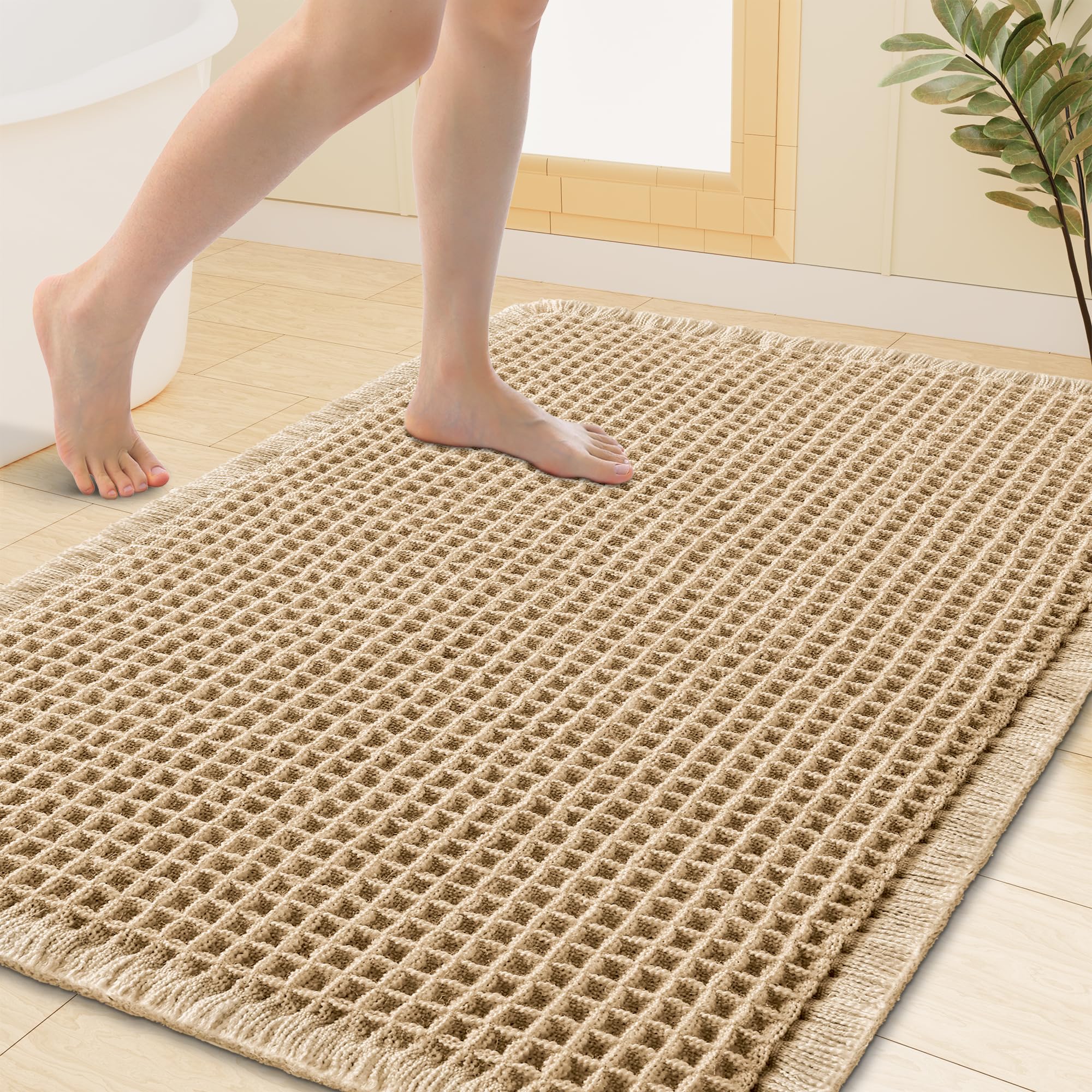 Smiry Waffle Bath Mat 40X32, Extra Soft Absorbent Bathroom Rugs, Brown