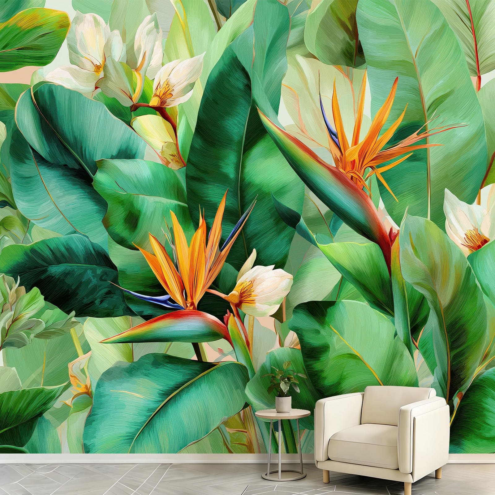 Carta da parati fotografica con foglie di banano, uccelli del paradiso, 350 x 256 cm (larghezza x altezza), in tessuto non tessuto, motivo animali botanici tropicali, per cucina, sala da pranzo