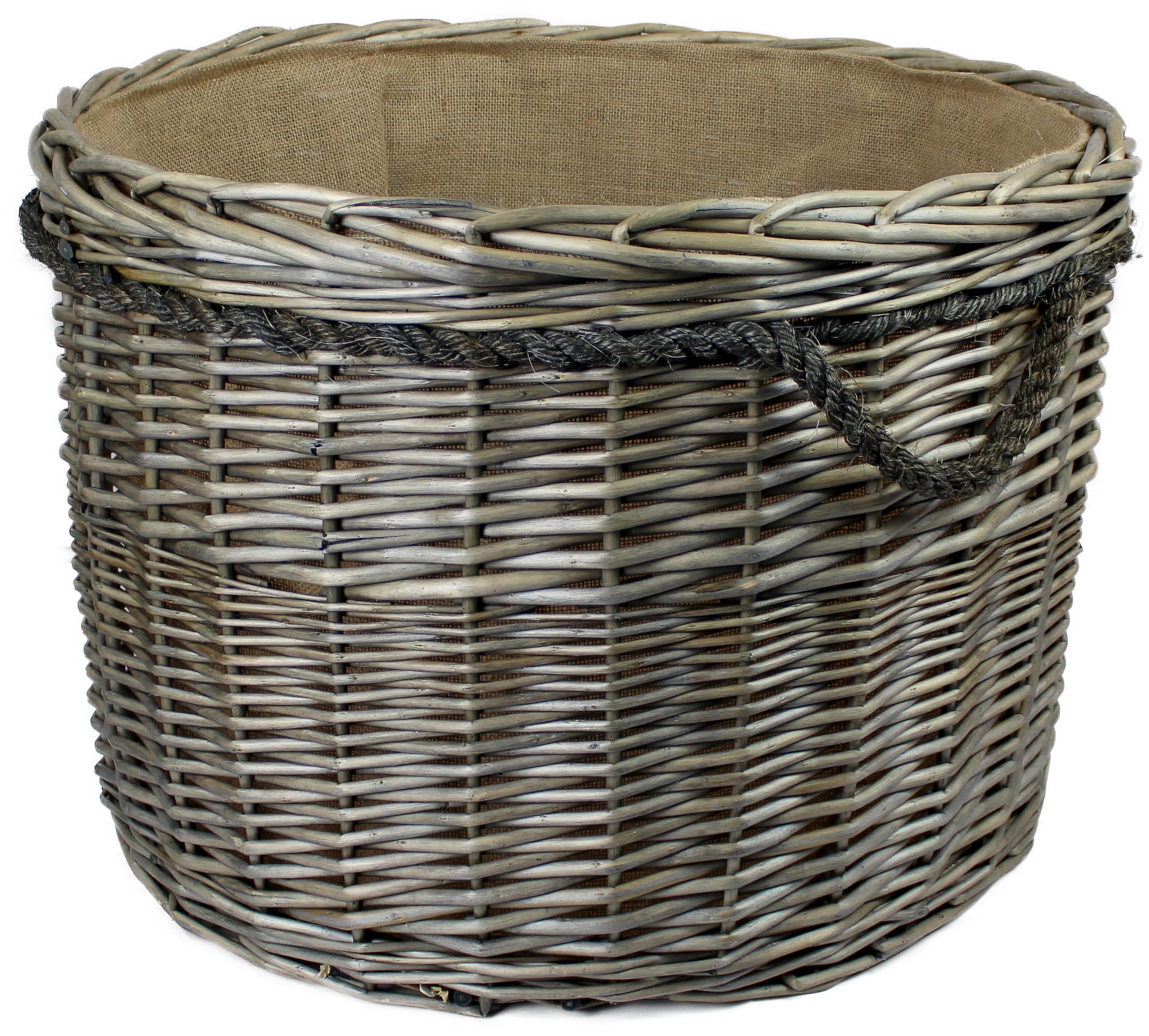 Range of large Antique grey Wicker log baskets. Rope handles. Wood & kindling storage for fireplace. Or shoes toys washing clothes bin (145 litres, Round)