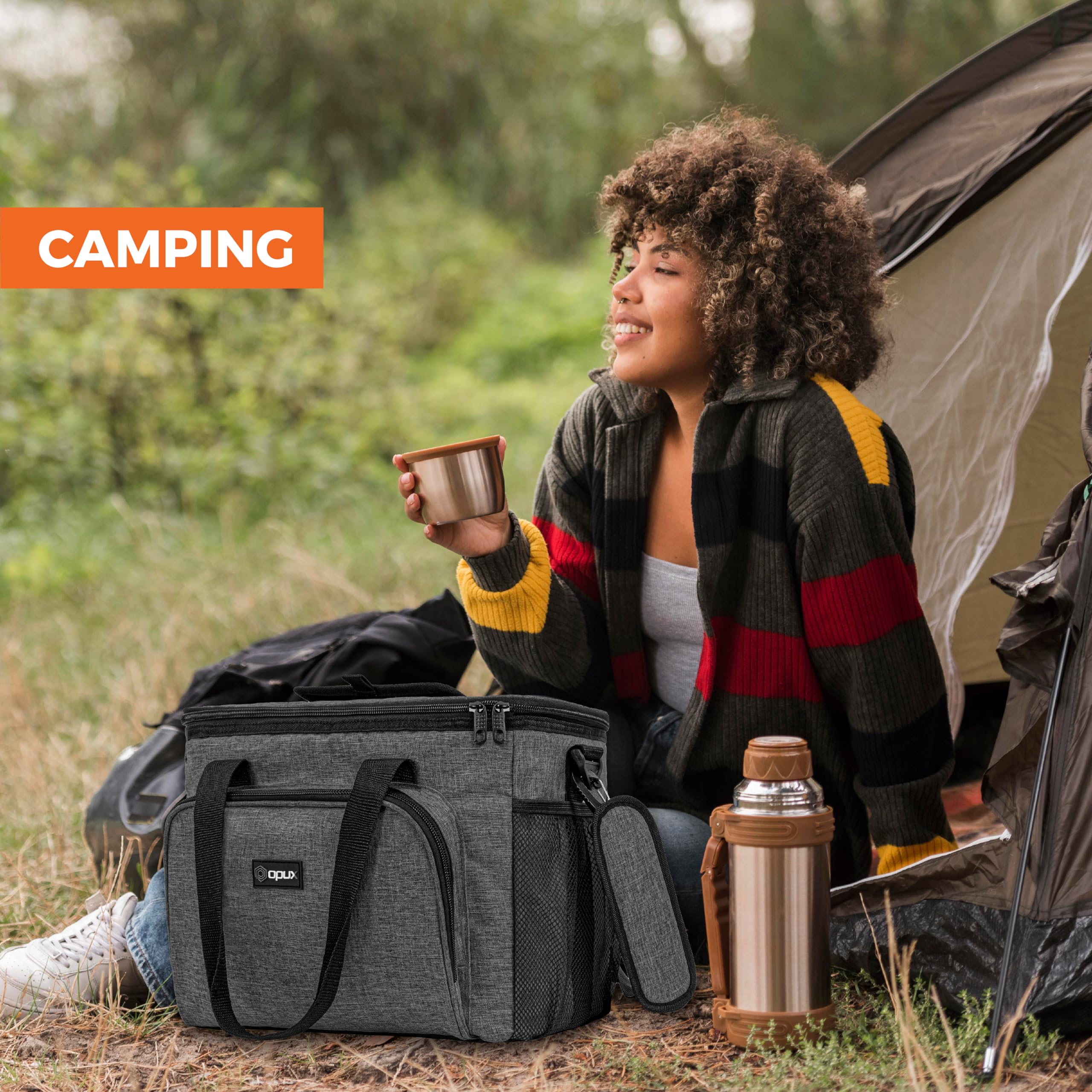 OPUX Bolsa térmica suave, bolsa de almuerzo plegable aislada para hombres, trabajo, camping, playa, viajes, portátil, suave, a prueba de fugas, impermeable, bolsa de almuerzo grande con correa para el